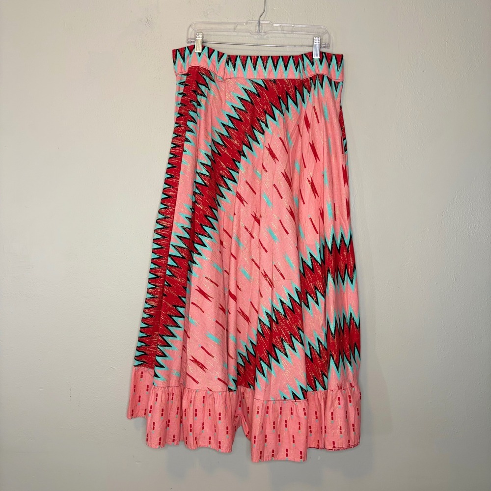 Handmade Womens XL Pink Geometric Zigzag Gold Metallic Ruffle Maxi Skirt Boho